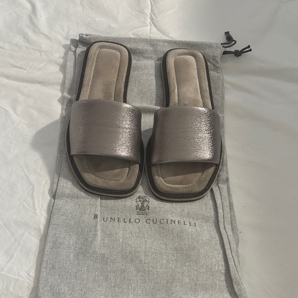 Brunello Cucinelli Metallic Slide Sandals
